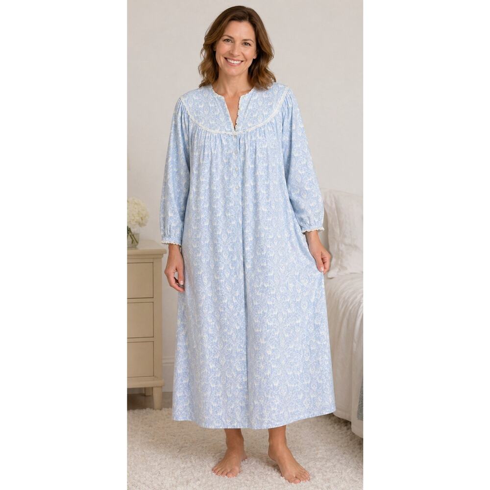 Lanz Of Salzburg Long Nightgown S Cotton Flannel Eyelet Blue Cottagecore Prairie